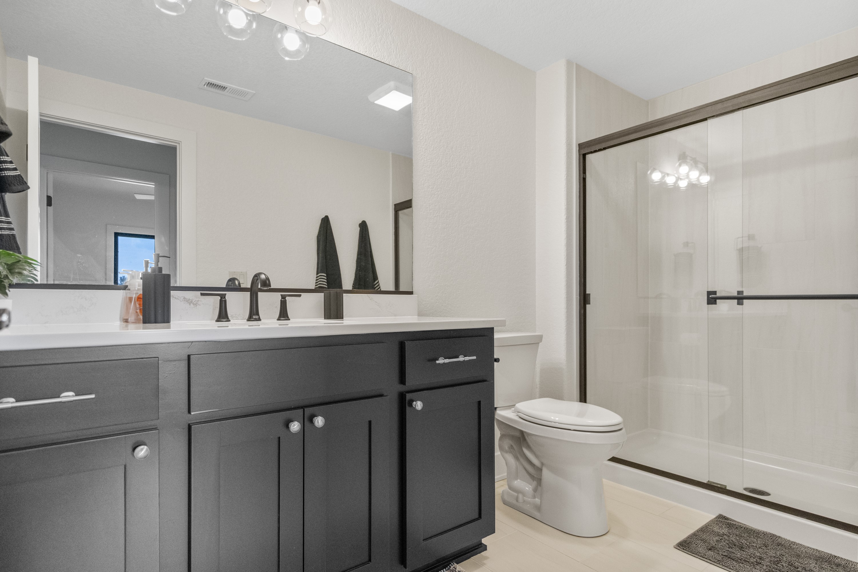 Updated bathroom with dark vanity, glass shower enclosure, and modern fixtures