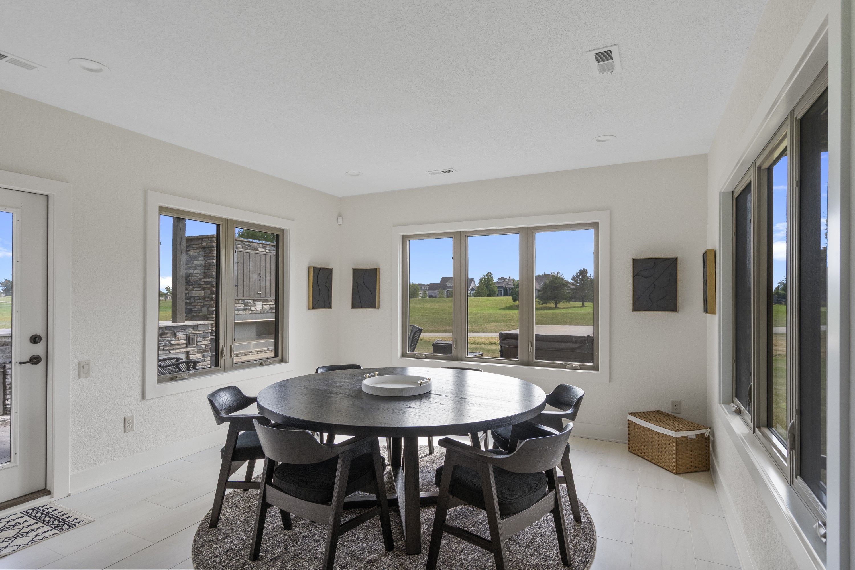 Living area with stone accent wall