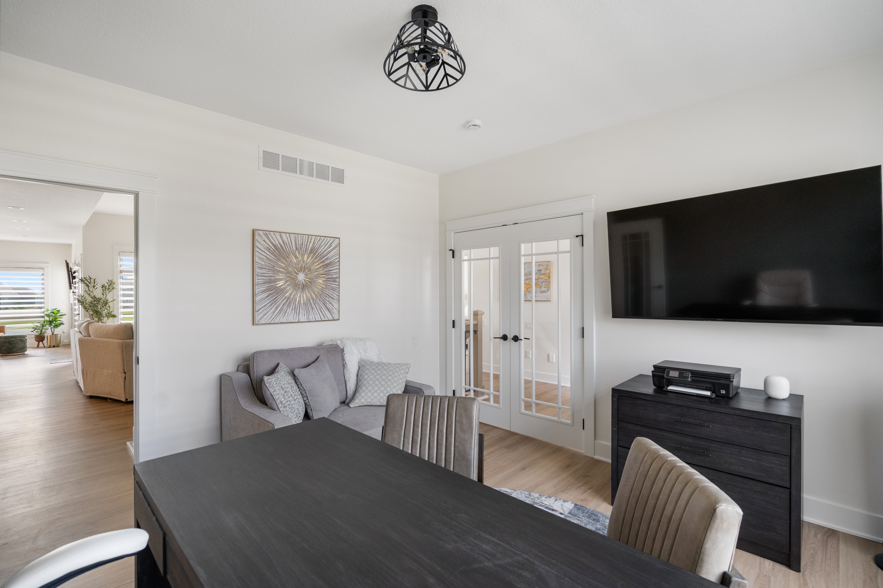 Living area with linear fireplace