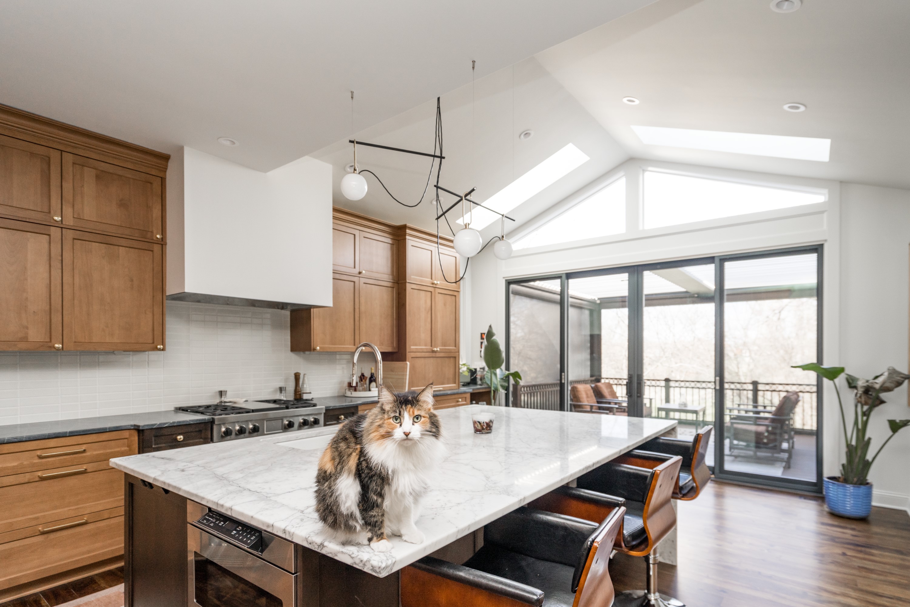 Kitchen with marble island, wood cabinets, and skylights
